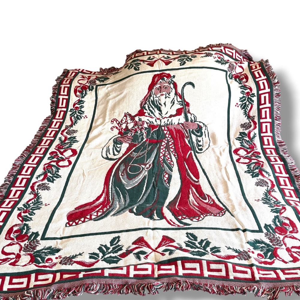 Goodwin Weavers Vintage‎ Christmas Past Santa Triple Woven Cotton Afghan Blanket